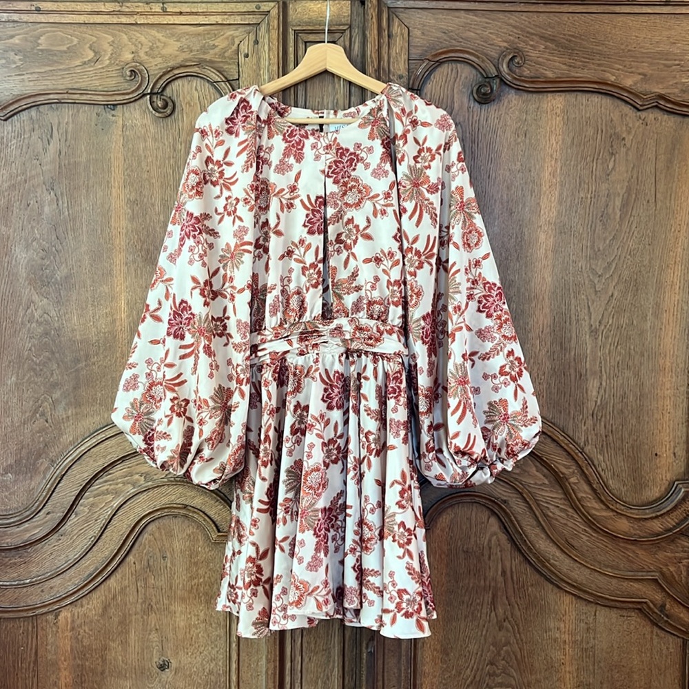 MISA Los Angeles Kara Mini Dress Falling Flora Flower Satin Balloon Sleeve - Picture 4 of 13